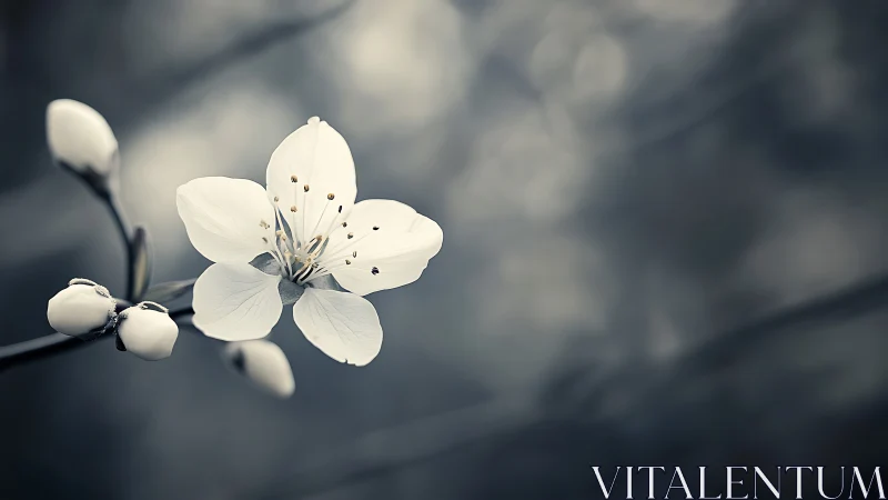 White Blossom Specimen With Buds on Blurred Background
