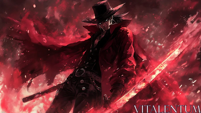 Scarlet trenchcoat swordsman carves fire through the night