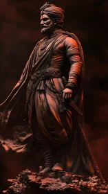 Regal warrior statue in ember-lit cinematic mist.