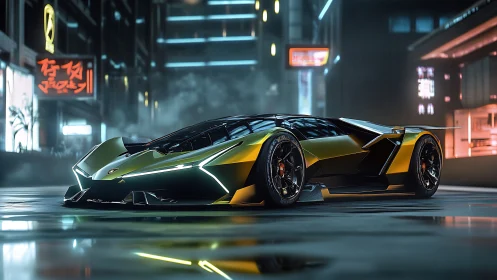 Low-slung cyberpunk hypercar in neon-lit misty night city street