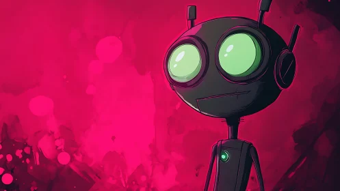 Glow-eyed robot daydreams quietly in a neon magenta storm
