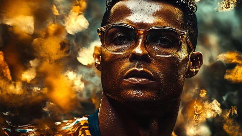 Close portrait of intense man with glasses in vivid light