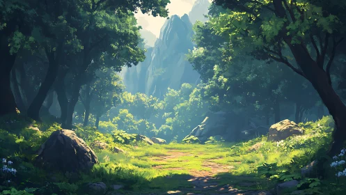 Enchanted Forest Valley Where Sunlight Pierces Ancient Trees
