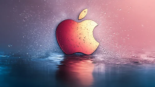 Metallic apple logo with water droplets and rippled surface.