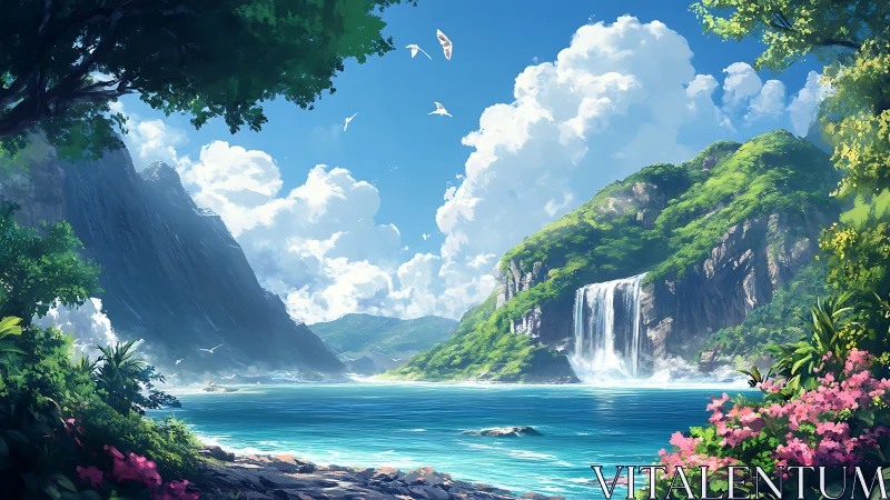 Lush tropical cove with cascading twin waterfalls at noon.