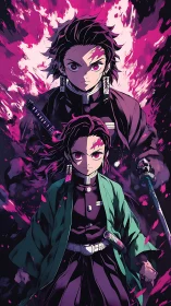 Fiery anime heroes stand strong in a storm of pink power.