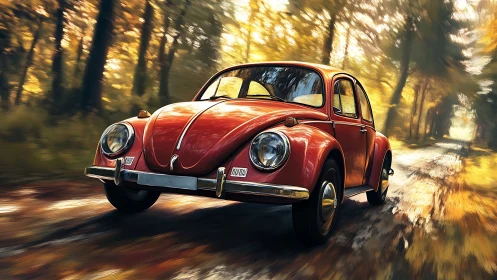 Classic red Beetle rendered in dynamic autumn forest motion