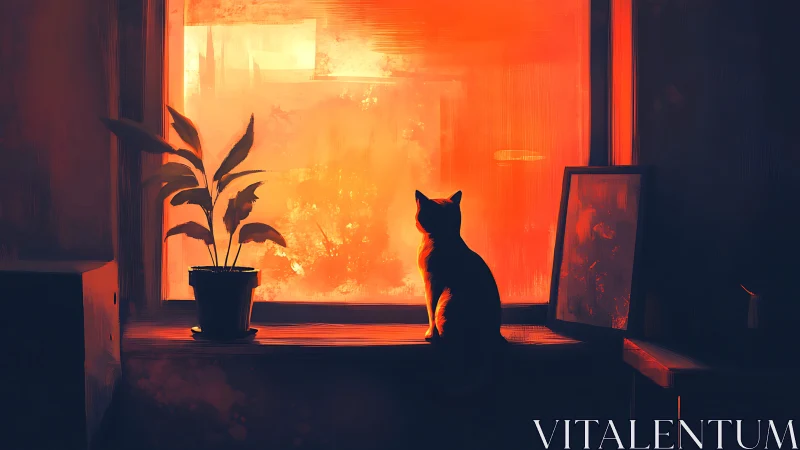 Cat Silhouette on Windowsill with Interior Lighting