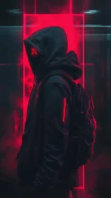 Hooded cyberpunk figure stands in neon red digital mist.