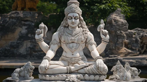 Photorealistic stone Shiva sculpture in meditative frontal symmetry.