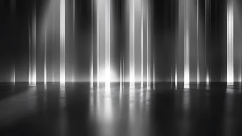 Vertical light columns form aligned beams over reflective floor