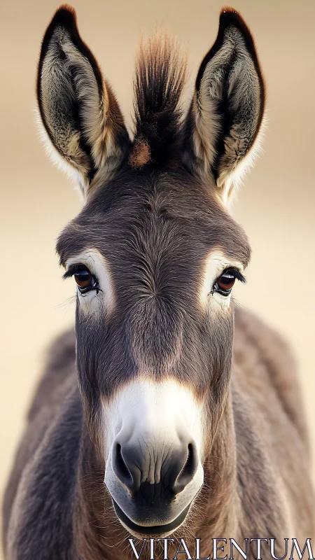 Donkey portrait with sharp focus and soft neutral background.