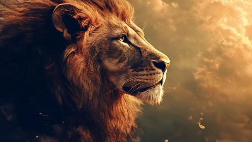 Majestic lion profile in golden cinematic rim lighting.