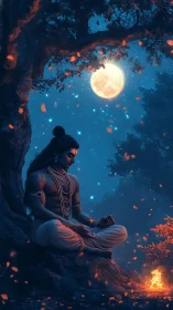 Moonlit yogi meditates beneath ancient tree by firelight