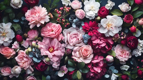 Luxe Floral Arrangement: Layered Blooms Against Dark Ground.