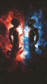 Opposed anime warriors with red and blue elemental energy.