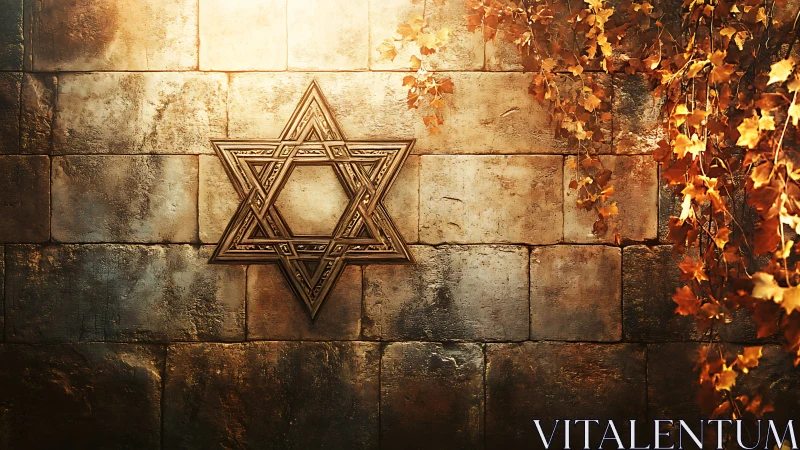 Layered Star of David relief on sunlit aged stone wall.