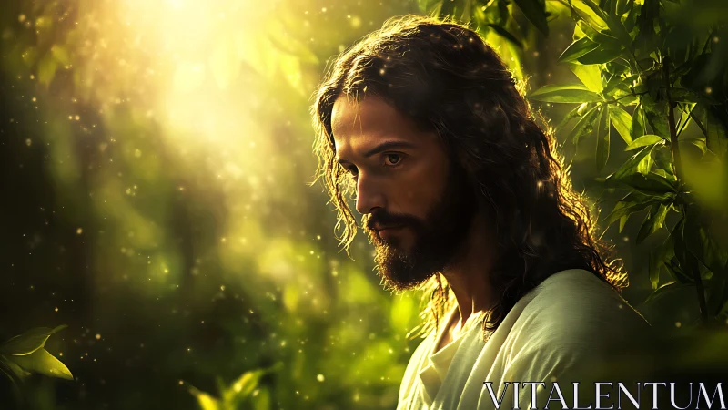 Serene robed figure in golden forest light portrait.