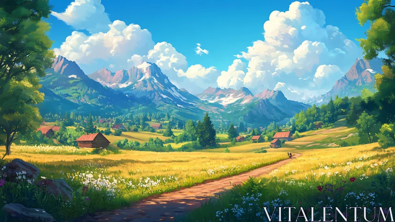 Sunlit alpine valley with winding path and stylized atmospheric depth