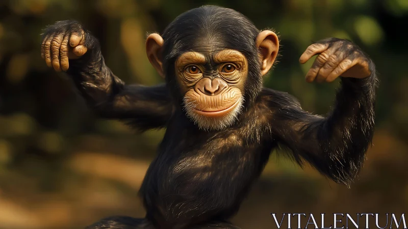Photorealistic baby chimp portrait with dynamic gesture lighting.
