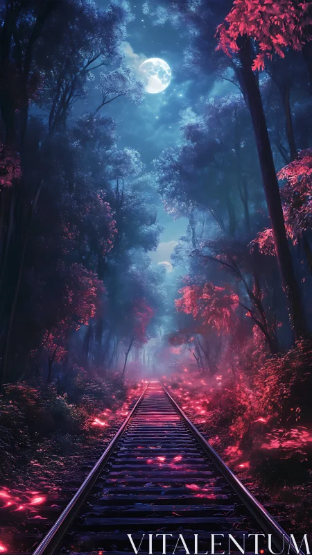 Moonlit railway cuts through glowing bioluminescent forest
