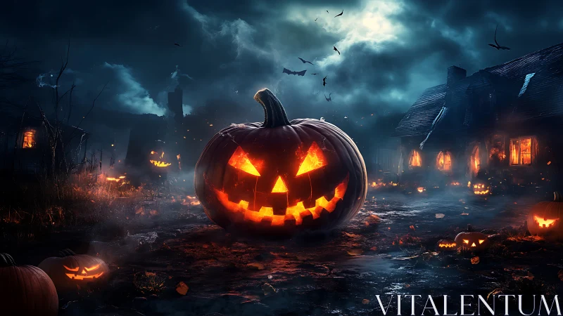 Grinning jack-o-lantern commands a stormy haunted homestead
