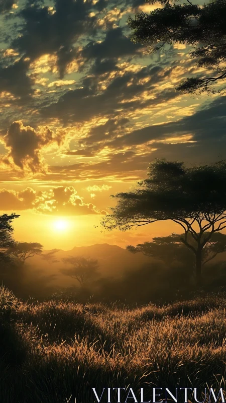 Golden savanna sunrise gently warms the quiet morning plains