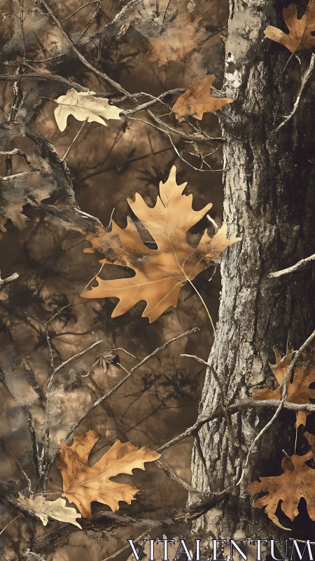 Autumn oak leaves drifting against bark and shadowed branches.