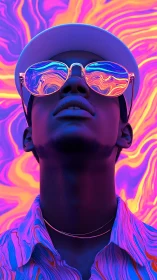 Neon portrait with mirrored sunglasses and fluid chromatic swirls.