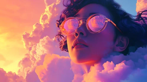 Surreal portrait merges neon clouds with reflective glasses.