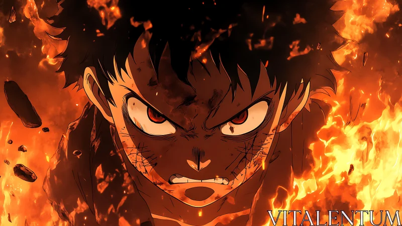 Intense anime warrior advances through dynamic engulfing flames