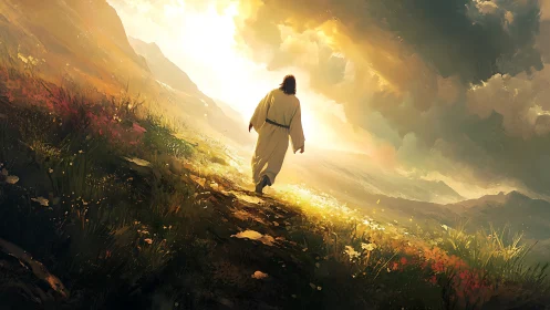 Gentle robed figure walking toward a glowing mountain horizon.