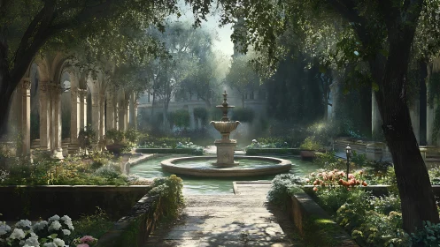 Sunlit courtyard fountain in a dreamy secret garden.