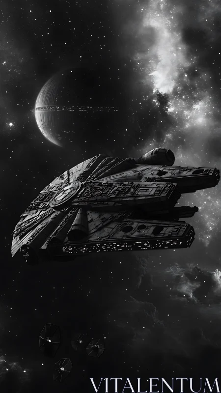 Detailed starship in deep space with looming battle station.