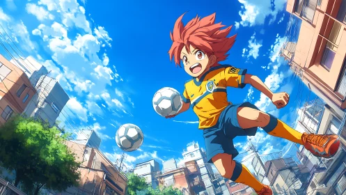 Dynamic anime soccer sprint under vivid urban sky