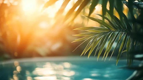 Sunlit palm leaves above soft turquoise water surface.