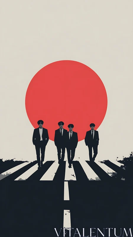 Silhouetted band strides beneath a blazing crimson sun.