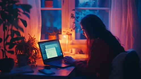 Developer codes at warm-lit desk with cool blue window glow.