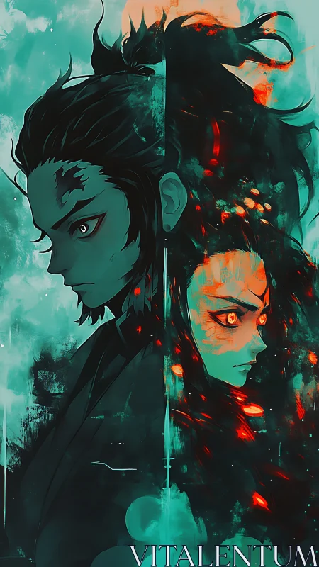 Dual inferno souls split by teal storms and ember light.