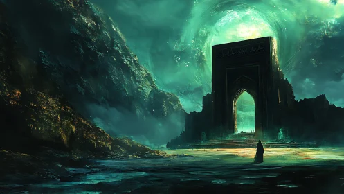 Emerald vortex sky above monumental portal in alien canyon