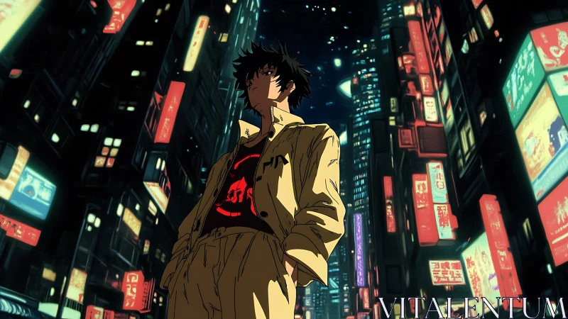 Cyber-noir protagonist framed by neon-lit high-rise canyon at night