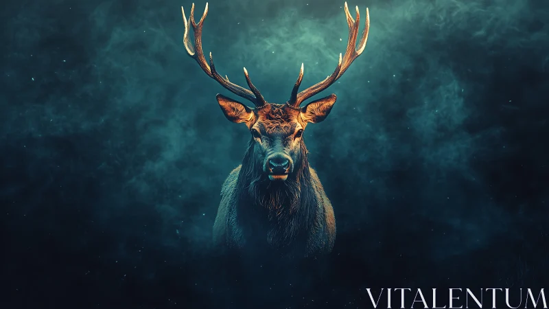 Majestic stag emerges from teal mist in dramatic night glow