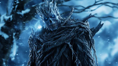 Frozen forest guardian with glowing blue winter eyes.