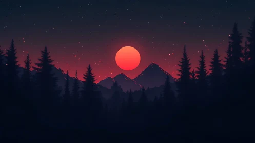 Crimson moon settles gently above quiet mountain pines