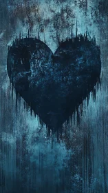 Dark heart shape with vertical drip effect on textured blue background.