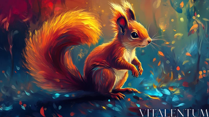 Fiery woodland squirrel glows amid swirling autumn colors.