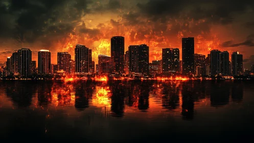Burning city skyline glows above dark reflective waters.