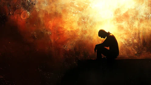 Silhouetted figure kneels in blazing abstract sunset glow