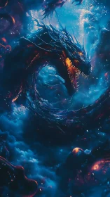 Cosmic dragon coils through glowing nebula storm of fire.