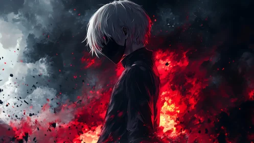 Shadowed young fighter stands calm before swirling flames